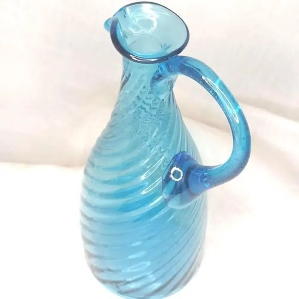 Handblown Italy 8 inch Swirl Blue Art Glass Carafe Ewer Cruet